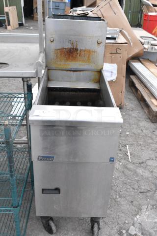 2021 Pitco Frialator SG14 Stainless Steel Commercial Floor Style Natural Gas Powered Deep Fat Fryer on Commercial Casters. 110,000 BTU.