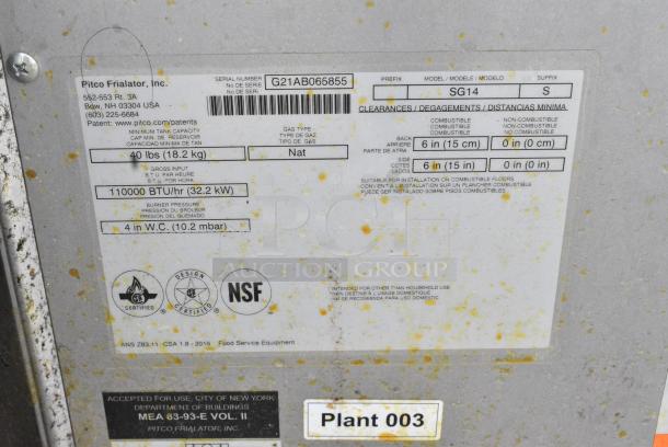 2021 Pitco Frialator SG14 Stainless Steel Commercial Floor Style Natural Gas Powered Deep Fat Fryer on Commercial Casters. 110,000 BTU. - Image 6 of 6