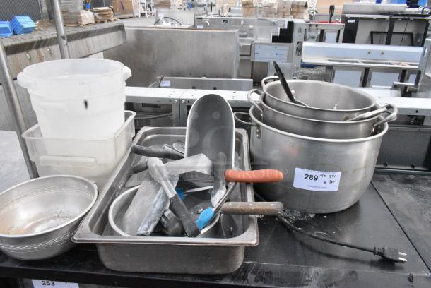 ALL ONE MONEY! Lot of Various Items Including Metal Stock Pots, Utensils and Poly Bins. - Image 1 of 6