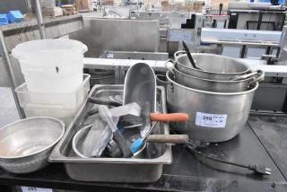ALL ONE MONEY! Lot of Various Items Including Metal Stock Pots, Utensils and Poly Bins.