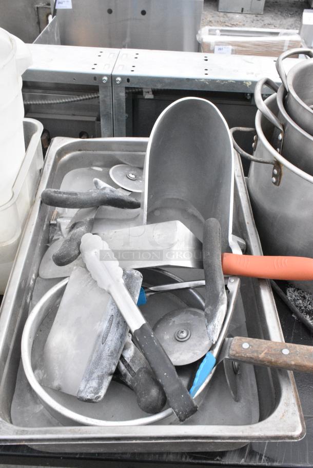 ALL ONE MONEY! Lot of Various Items Including Metal Stock Pots, Utensils and Poly Bins. - Image 5 of 6
