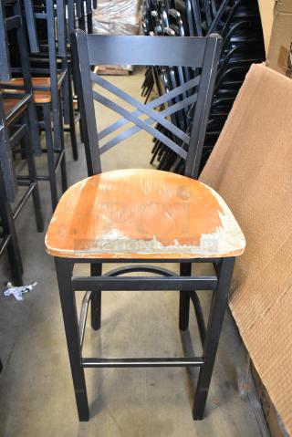 24 Black Metal Bar Height Chair w/ Wooden Seat. 24 Times Your Bid!