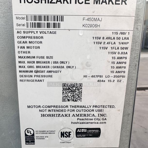 Excellent Condition Hoshizaki F-450MAJ Ice Maker with Bin – 115V – Tested & Working! - Image 5 of 5