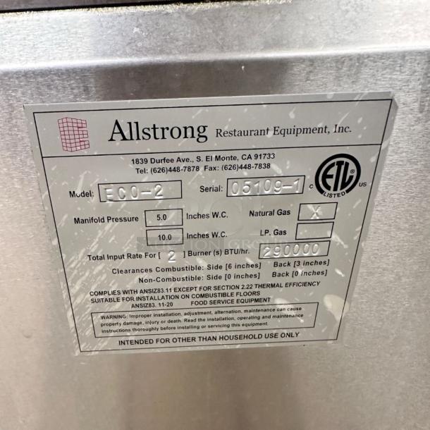 Excellent Condition Allstrong ECO-2 Commercial Wok Range – Natural Gas – Tested & Working! - Image 7 of 7