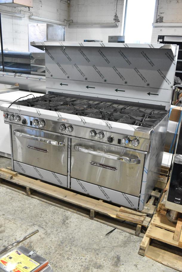 BRAND NEW! Southbend 4601DD Stainless Steel Commercial Propane Gas Powered 10 Burner Range w/ 2 Ovens, Over Shelf and Back Splash. - Image 1 of 10