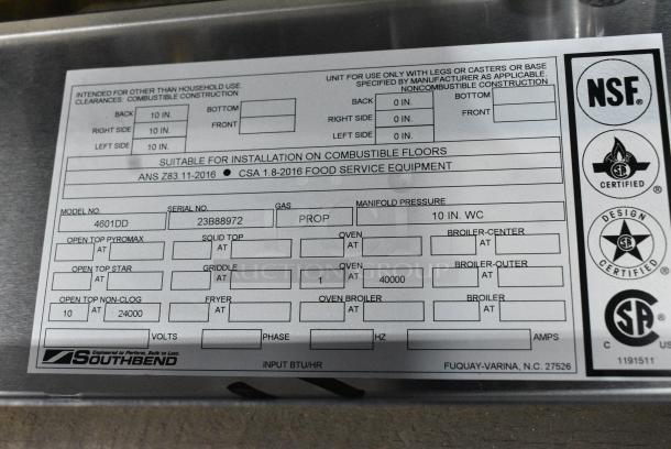 BRAND NEW! Southbend 4601DD Stainless Steel Commercial Propane Gas Powered 10 Burner Range w/ 2 Ovens, Over Shelf and Back Splash. - Image 10 of 10