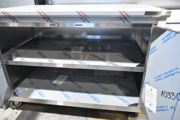 BRAND NEW SCRATCH AND DENT! Stainless Steel Counter w/ 2 Doors and Under Shelves on Commercial Casters. - Image 6 of 9