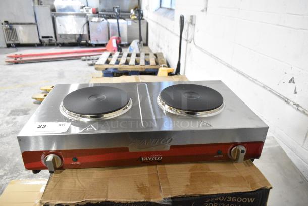 BRAND NEW SCRATCH AND DENT! Avantco 177EB202SBSA Double Burner Solid Top Stainless Steel Portable Electric Side-by-Side Hot Plate. 120 Volts, 1 Phase. - Image 1 of 9