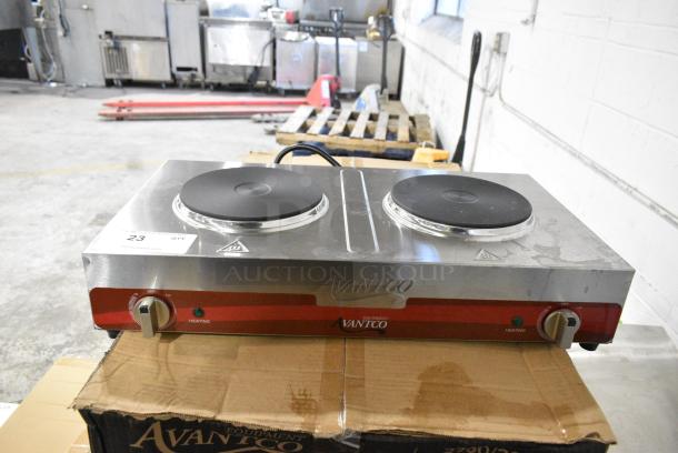 BRAND NEW SCRATCH AND DENT! Avantco 177EB202SBSA Double Burner Solid Top Stainless Steel Portable Electric Side-by-Side Hot Plate. 120 Volts, 1 Phase. - Image 1 of 7