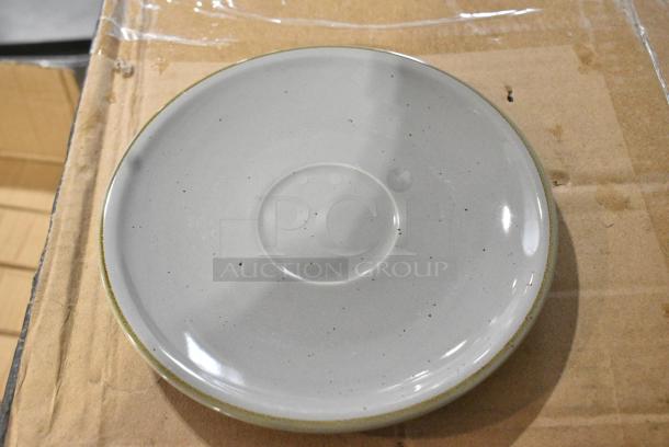 BRAND NEW SCRATCH AND DENT! Box of 36 Acopa 303COPS65GN Keystone 6 1/2" Granite Gray Stoneware Saucer - Image 1 of 8