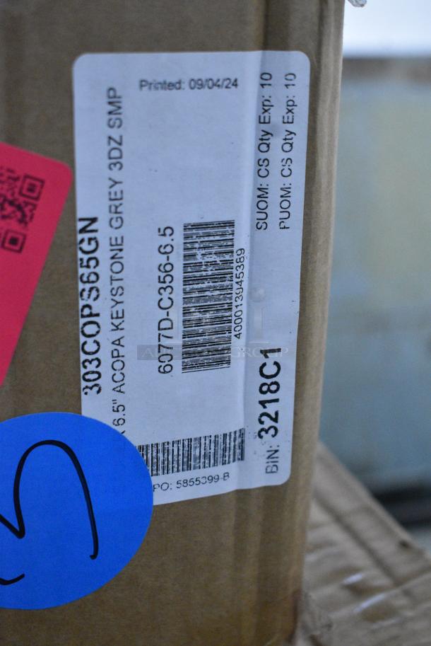 BRAND NEW SCRATCH AND DENT! Box of 36 Acopa 303COPS65GN Keystone 6 1/2" Granite Gray Stoneware Saucer - Image 7 of 8