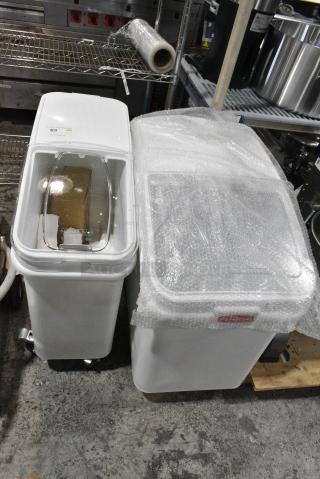 2 BRAND NEW SCRATCH AND DENT! White Poly Ingredient Bin on Commercial Casters w/ Scoop. 2 Times Your Bid!