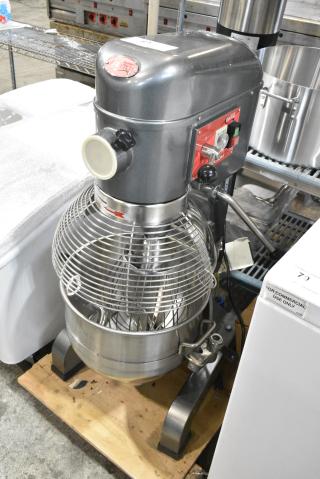 BRAND NEW SCRATCH AND DENT! Avantco MX30H Metal Commercial Floor Style 30 Quart Planetary Dough Mixer w/ Stainless Steel Mixing Bowl, Bowl Guard, Whisk, Paddle and Dough Hook Attachments. 120 Volts, 1 Phase. Tested and Does Not Power On