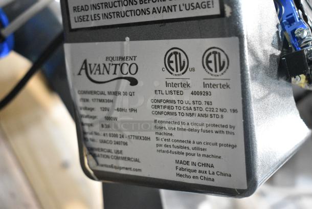 BRAND NEW SCRATCH AND DENT! Avantco MX30H Metal Commercial Floor Style 30 Quart Planetary Dough Mixer w/ Stainless Steel Mixing Bowl, Bowl Guard, Whisk, Paddle and Dough Hook Attachments. 120 Volts, 1 Phase. Tested and Does Not Power On - Image 9 of 9