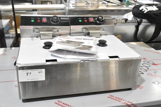 BRAND NEW SCRATCH AND DENT! Galaxy 177EF20E Stainless Steel 20 lb. Dual Tank Electric Countertop Fryer w/ 2 Metal Fry Baskets and 2 Lids. 110 Volts, 1 Phase. - Image 2 of 10