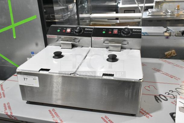 BRAND NEW SCRATCH AND DENT! Galaxy 177EF20E Stainless Steel 20 lb. Dual Tank Electric Countertop Fryer w/ 2 Metal Fry Baskets and 2 Lids. 110 Volts, 1 Phase. - Image 3 of 10