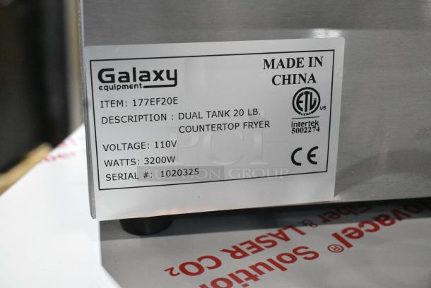BRAND NEW SCRATCH AND DENT! Galaxy 177EF20E Stainless Steel 20 lb. Dual Tank Electric Countertop Fryer w/ 2 Metal Fry Baskets and 2 Lids. 110 Volts, 1 Phase. - Image 10 of 10