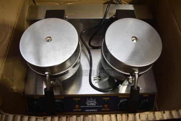 BRAND NEW SCRATCH AND DENT! Carnival King 382WSM22 Stainless Steel Non-Stick Double Waffle Maker with Timers. 120 Volts, 1 Phase. Tested and Working! - Image 1 of 9