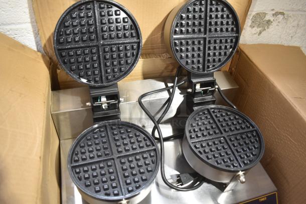 BRAND NEW SCRATCH AND DENT! Carnival King 382WSM22 Stainless Steel Non-Stick Double Waffle Maker with Timers. 120 Volts, 1 Phase. Tested and Working! - Image 3 of 9