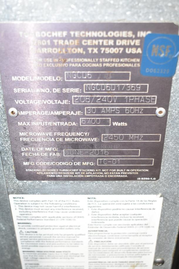 2016 Turbochef NGCD6 Tornado Metal Commercial Countertop Electric Powered Rapid Cook Oven. 208/240 Volts, 1 Phase. - Image 6 of 8