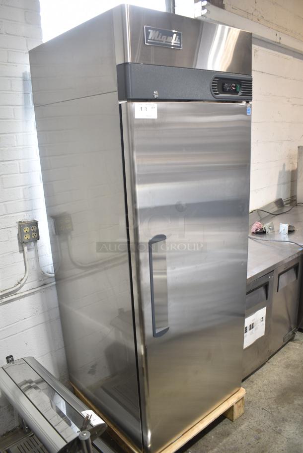 BRAND NEW SCRATCH AND DENT! 2023 Migali C-1F-HC Stainless Steel Commercial Single Door Reach In Freezer. 115 Volts, 1 Phase. Serial C-1F-HCT03230320092T0006. Tested and Working! - Image 1 of 5