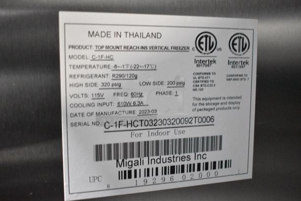 BRAND NEW SCRATCH AND DENT! 2023 Migali C-1F-HC Stainless Steel Commercial Single Door Reach In Freezer. 115 Volts, 1 Phase. Serial C-1F-HCT03230320092T0006. Tested and Working! - Image 4 of 5