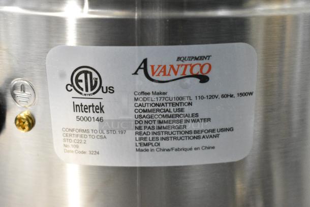BRAND NEW SCRATCH AND DENT! Avantco 177CU100ETL 100 Cup (500 oz.) Double Wall Stainless Steel Coffee Urn / Coffee Percolator. 120 Volts, 1 Phase. - Image 9 of 9