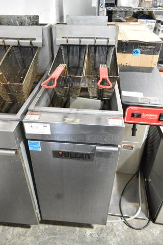 Vulcan 1VEG35M-1 Stainless Steel Commercial Floor Style Natural Gas Powered Deep Fat Fryer w/ 2 Metal Fry Baskets.