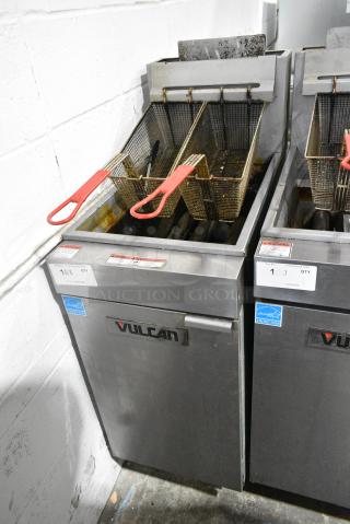 Vulcan 1VEG35M-1 Stainless Steel Commercial Floor Style Natural Gas Powered Deep Fat Fryer w/ 2 Metal Fry Baskets. 70,000 BTU.