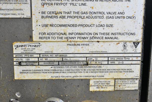 2019 Henny Penny PFG-691 Stainless Steel Commercial Floor Style Propane Gas Powered Pressure Fryer. 100,000 BTU. - Image 7 of 7