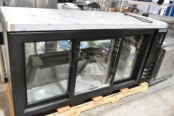 BRAND NEW SCRATCH AND DENT!  Beverage Air BB72HC-1-GS-PT-B-27 Metal Commercial 3 Door Undercounter Pass Through Cooler Merchandiser. See Pictures for Broken Glass. 115 Volts, 1 Phase. Tested and Working! - Image 1 of 9