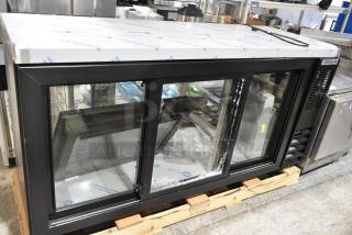 BRAND NEW SCRATCH AND DENT!  Beverage Air BB72HC-1-GS-PT-B-27 Metal Commercial 3 Door Undercounter Pass Through Cooler Merchandiser. See Pictures for Broken Glass. 115 Volts, 1 Phase. Tested and Working!