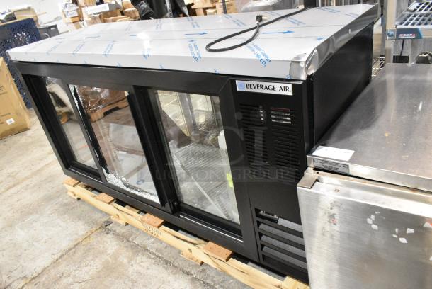 BRAND NEW SCRATCH AND DENT!  Beverage Air BB72HC-1-GS-PT-B-27 Metal Commercial 3 Door Undercounter Pass Through Cooler Merchandiser. See Pictures for Broken Glass. 115 Volts, 1 Phase. Tested and Working! - Image 2 of 9