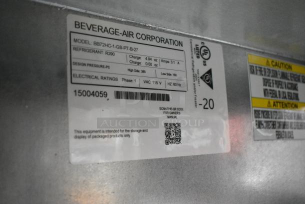BRAND NEW SCRATCH AND DENT!  Beverage Air BB72HC-1-GS-PT-B-27 Metal Commercial 3 Door Undercounter Pass Through Cooler Merchandiser. See Pictures for Broken Glass. 115 Volts, 1 Phase. Tested and Working! - Image 9 of 9