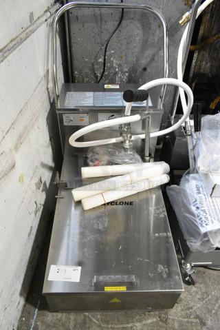 BRAND NEW SCRATCH AND DENT! 2024 Fryclone 259OFM110 Stainless Steel Commercial 115 lb. Low-Profile Portable Fryer Oil Filter Machine with 2-Way Pump on Commercial Casters. 120 Volts, 1 Phase.