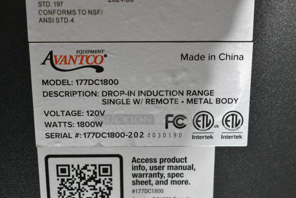 BRAND NEW SCRATCH AND DENT! Avantco 177DC1800 Drop-In / Countertop Induction Range / Cooker with Remote Control. 120 Volts, 1 Phase. - Image 8 of 8