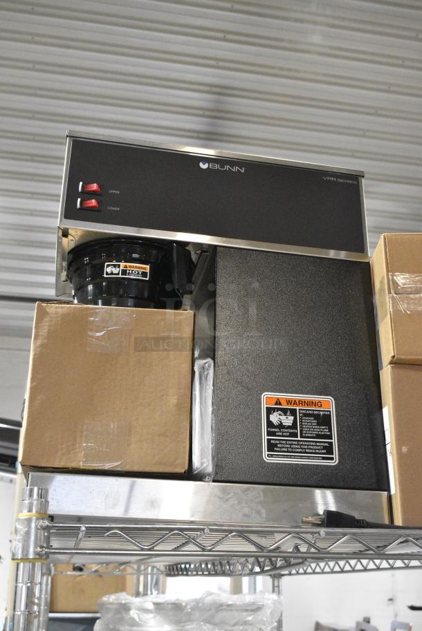 BRAND NEW SCRATCH AND DENT! 2024 Bunn VPR 33200.0015 Black 12 Cup Pourover Coffee Brewer with 1 Upper and 1 Lower Warmer and 2 Glass Decanters. 120 Volts, 1 Phase. - Image 1 of 5