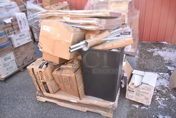 15 BRAND NEW! Boxes Including 475DWR12SS Lancaster Table & Seating 13 Gallon Stainless Steel Rectangular Step-On Trash Can with Soft Close Lid, 795PTOKFT1 Choice Kraft Microwavable Folded Paper #1 Take-Out Container 4 3/8" x 3 1/2" x 2 1/2" - 450/Case, 130BPLAPRKWP Choice Forks, Napkins, 5005DNAPFLTE Choice 14" x 14" White Linen-Feel Flat-Packed Dinner Napkin - 1000/Case, 433W1670SACK Choice 1/6 70 lb. White Extra Heavy-Duty Paper Barrel Sack - 400/Case. 15 Times Your Bid! - Image 1 of 12