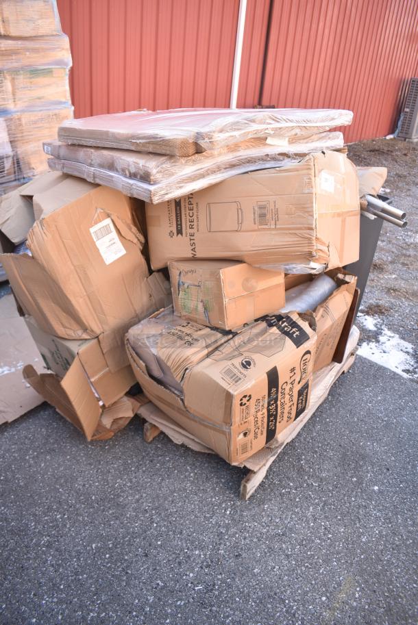 15 BRAND NEW! Boxes Including 475DWR12SS Lancaster Table & Seating 13 Gallon Stainless Steel Rectangular Step-On Trash Can with Soft Close Lid, 795PTOKFT1 Choice Kraft Microwavable Folded Paper #1 Take-Out Container 4 3/8" x 3 1/2" x 2 1/2" - 450/Case, 130BPLAPRKWP Choice Forks, Napkins, 5005DNAPFLTE Choice 14" x 14" White Linen-Feel Flat-Packed Dinner Napkin - 1000/Case, 433W1670SACK Choice 1/6 70 lb. White Extra Heavy-Duty Paper Barrel Sack - 400/Case. 15 Times Your Bid! - Image 2 of 12