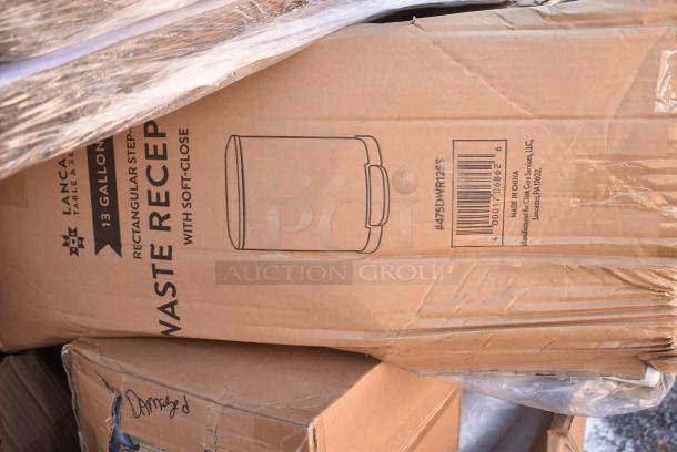 15 BRAND NEW! Boxes Including 475DWR12SS Lancaster Table & Seating 13 Gallon Stainless Steel Rectangular Step-On Trash Can with Soft Close Lid, 795PTOKFT1 Choice Kraft Microwavable Folded Paper #1 Take-Out Container 4 3/8" x 3 1/2" x 2 1/2" - 450/Case, 130BPLAPRKWP Choice Forks, Napkins, 5005DNAPFLTE Choice 14" x 14" White Linen-Feel Flat-Packed Dinner Napkin - 1000/Case, 433W1670SACK Choice 1/6 70 lb. White Extra Heavy-Duty Paper Barrel Sack - 400/Case. 15 Times Your Bid! - Image 3 of 12