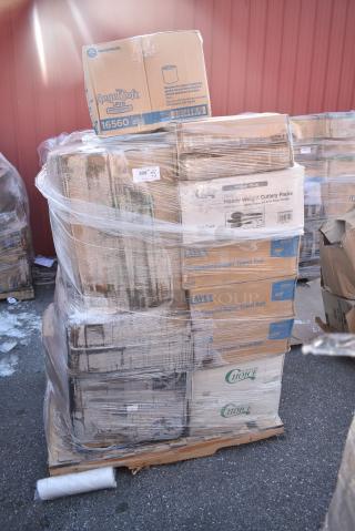 26 BRAND NEW! Boxes Including Angel Soft Toilet Paper, 129MCS242CB Choice 30 oz. Black 8 3/4" x 6" x 2 3/4" 2-Compartment Rectangular Microwavable Heavy Weight Container with Lid - 150/Case, 130BKFKSNSPH Choice Black Heavy Weight Wrapped Polystyrene Plastic Cutlery Pack with Napkin and Salt and Pepper Packets - 500/Case, Lavex Hardwound Paper Towels, 2 5001BNAP Choice 1-Ply White Beverage / Cocktail Napkin - 4000/Case, 2 129MCR32B Choice 32 oz. Black Round Microwavable Heavy Weight Container with Lid 7 1/4" - 150/Case. 26 Times Your Bid!
