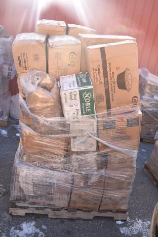 30 BRAND NEW! Boxes Including 129MCR38B Choice 38 oz. Black 7" Round Microwavable Heavy Weight Container with Lid - 150/Case, 4 43309LPIE Choice Clear Hinged Low Pie Container, Lavex Multi Fold Towels, CTR24BD Dart SafeSeal 24 oz. Plastic Tamper-Resistant, Tamper-Evident Bowl with Dome Lid - 150/Case. 30 Times Your Bid!