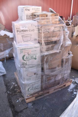 30 BRAND NEW! Boxes Including 127P2C Choice Clear Plastic Souffle Cup / Portion Cup - 2 oz. - 2500/Case, 966TALLFLDB Choice White Tall-Fold 6" x 13" Dispenser Napkin - 8000/Case, 164CUSHINWH2 Lancaster Table & Seating White Chiavari Chair Cushion with Ties - 2" Thick, 347SSG2 Visions 2 oz. Clear Square Plastic Shot Glass - 320/Case, 5002WRAPNAP Choice WrapNap White 1/4 Fold 2-Ply Dinner Napkin 16" x 16" - 3000/Case, 129MCR32B Choice 32 oz. Black Round Microwavable Heavy Weight Container with Lid 7 1/4" - 150/Case. 30 Times Your Bid!