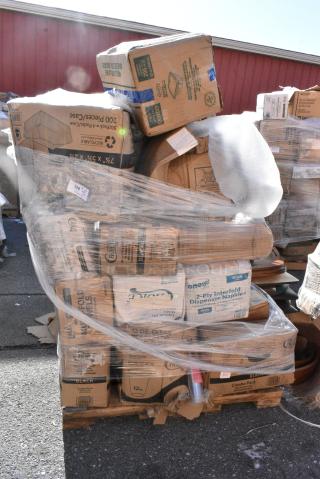 25 BRAND NEW! Boxes Including 500TO963 9X96X3 HINGED MICROWAVABLE PLASTIC TAKE OUT CONTAINER 100/CS, 612FHL1230 Choice Foil Steam Table Pan Lid - Half Size - 100/Case, 500COLLARBR EcoChoice Kraft Coffee Cup Sleeve / Jacket / Clutch - 10-24 oz. - 1200/Case, 966UPWIDEKFT OneUp by Choice Kraft 2-Ply Wide Interfold 6 1/2" x 8 1/2" Dispenser Napkin - 6000/Case, 129MCS38B Choice 38 oz. Black Rectangular Microwavable Heavy Weight Container with Lid 8 3/4" x 6 1/4" x 2" - 150/Case, 5002TPJ Lavex 2-Ply 550' Universal Jumbo Toilet Paper Roll with 7 1/2" Diameter - 12/Case. 25 Times Your Bid!