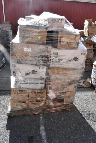 30 BRAND NEW! Boxes Including 130WFORKWP Choice Individually Wrapped Medium Weight White Polypropylene Plastic Fork - 1000/Case, Scouring Pad Sponge Combo, 128HD16COMBO Choice Heavy Duty 16 oz. Microwavable Translucent Plastic Deli Container and Lid Combo Pack - 240/Case, 395TO991PF EcoChoice 9" x 9" x 3" No PFAS Added Natural Bagasse Blend Take-Out Container - 200/Case, 130BKFKSNSPX500 Choice Black Extra Heavy Weight Wrapped Polystyrene Plastic Cutlery Pack with Napkin and Salt and Pepper Packets - 500/Case, 612FHL1230 Choice Foil Steam Table Pan Lid - Half Size - 100/Case. 30 Times Your Bid!