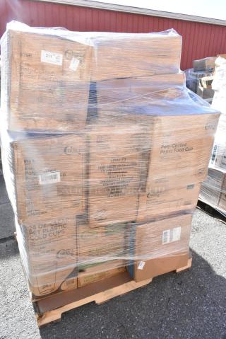 30 BRAND NEW! Boxes Including 127P100C Choice 1 oz. Clear Plastic Souffle Cup / Portion Cup - 2500/Case, 130TONG12HDB 12" HEAVY DUTY DISPOSABLE SERVING TONGS 24/CS, 500CC10 Choice 10 oz. Clear PET Plastic Cold Cup - 1000/Case, 127CH08F CONTAINER HINGED DELI, CHOICE CLEAR 8OZ DOME LID, 500CC32PHD Choice Heavy Duty 32 oz. Pedestal Heavy Weight Clear PET Plastic Cold Cup - 500/Case, 500CC16 Choice Clear PET Customizable Plastic Cold Cup - 16 oz. - 1000/Case, 346WKFSNSPM Choice White Medium Weight Wrapped Polypropylene Plastic Cutlery Pack with Napkin and Salt / Pepper Packets - 500/Case, 760SOUP6KB Choice 6 oz. Kraft Poly-Coated Paper Food Cup - 1000/Case. 30 Times Your Bid!