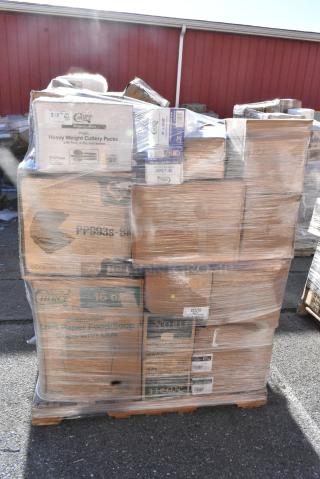 35 BRAND NEW! Boxes Including 18218X2 Choice Foodservice Film with Serrated Cutter 18" x 2000', 130BKFKSH Choice Black Heavy Weight Wrapped Polystyrene Plastic Cutlery Pack - 500/Case, 760SOUP16KFT EcoChoice 16 oz. Kraft Paper Food Cup with Vented Lid - 250/Case, 394EN303L Noble Products Nitrile 3 Mil Thick All Purpose Powder-Free Textured Gloves - 1000/Case, 760SOUP16KFT EcoChoice 16 oz. Kraft Paper Food Cup with Vented Lid - 250/Case, Dart 90HTPF1R White Foam Square Take Out Container with Hinged Lid 9" x 9" x 3" - 200/Case, 2 433SLINERBL Baker's Lane 16" x 24" Full Size Silicone Coated Parchment Paper Bun / Sheet Pan Liner Sheet - 1000/Case,. 35 Times Your Bid!