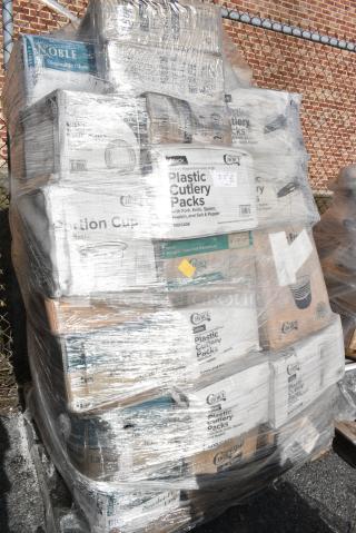 40 BRAND NEW! Boxes Including 2 130BKFKSNSPX500 Choice Black Extra Heavy Weight Wrapped Plastic Cutlery Pack with Napkin and Salt and Pepper Packets - 500/Case, 500L8B Choice 8 oz. Tall Black Hot Paper Cup Travel Lid - 1000/Case, 127P2C Choice Clear Plastic Souffle Cup / Portion Cup - 2 oz. - 2500/Case. 40 Times Your Bid!