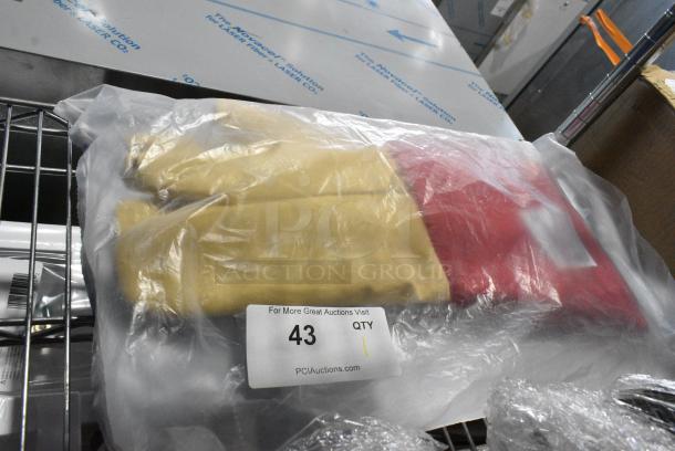 BRAND NEW! Tucker 57187 BurnGuard 18" Red Poly-Cotton / Yellow Kevlar® Three-Finger Oven Gloves with Removable Liner - Image 1 of 4