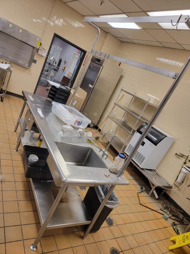 STAINLESS WORKSTATION, SINGLE BASIN, DRAWER, OVERHEAD HANGERS 6'X30"X80" - Image 1 of 5